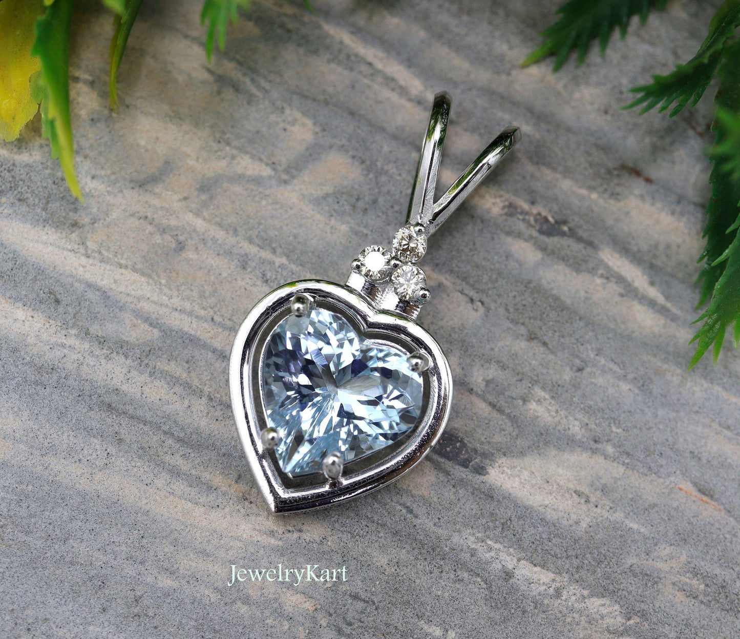 Natural Aquamarine Heart Pendant in 14K Gold, Real Diamond Accent Necklace, Light Blue Solitaire, Love Jewelry, Prong Set Gift for Her