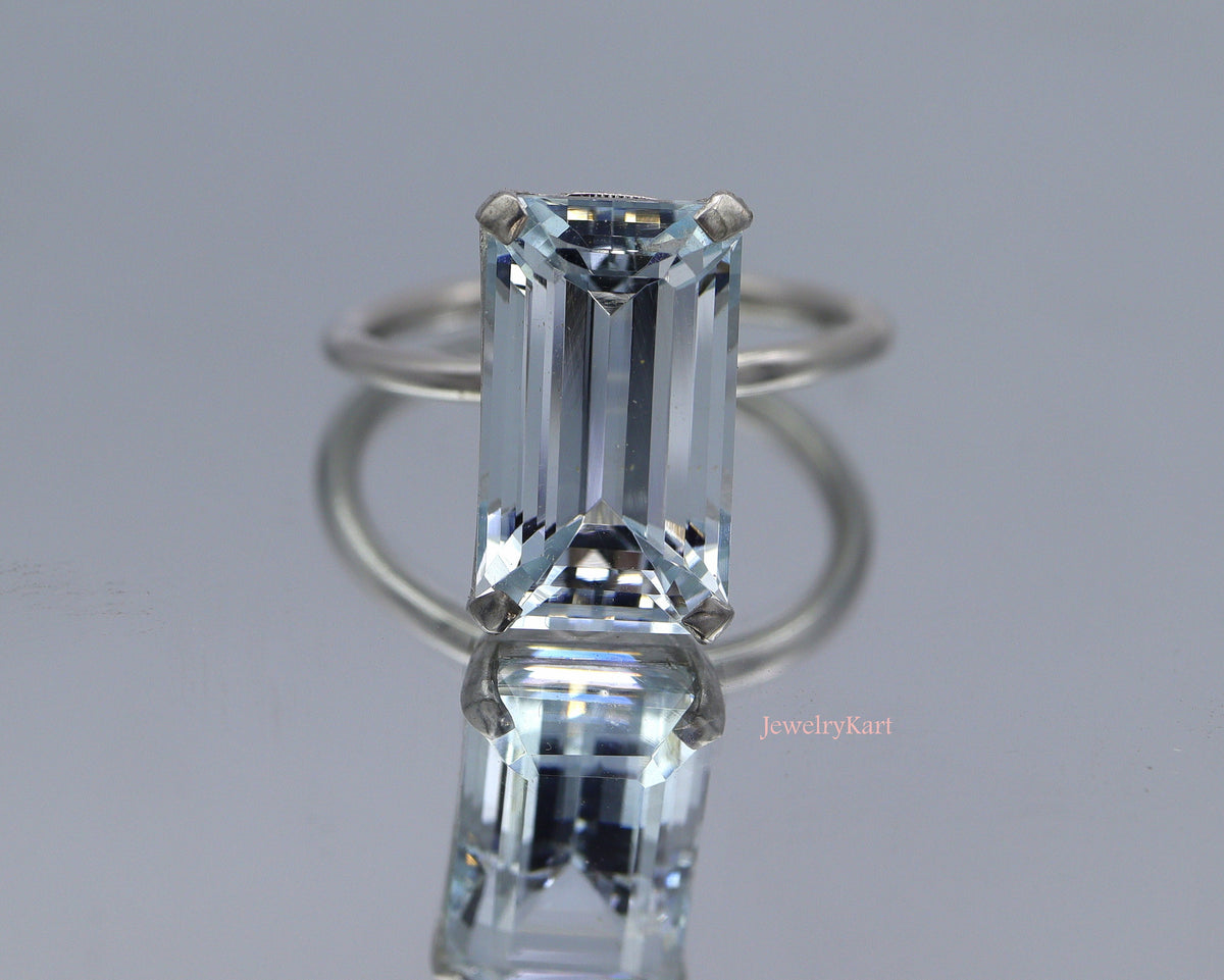 Natural Aquamarine Emerald Cut Ring | 11x7 mm Solitaire | 925 Silver Rectangle Ring | March Birthstone | Big Baguette Engagement Ring