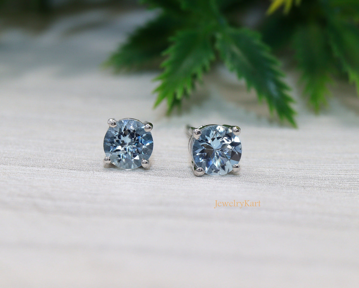 Natural Aquamarine Stud Earrings | 5 mm Round Blue Gemstone | Basket Set Studs in 14K Gold or Silver