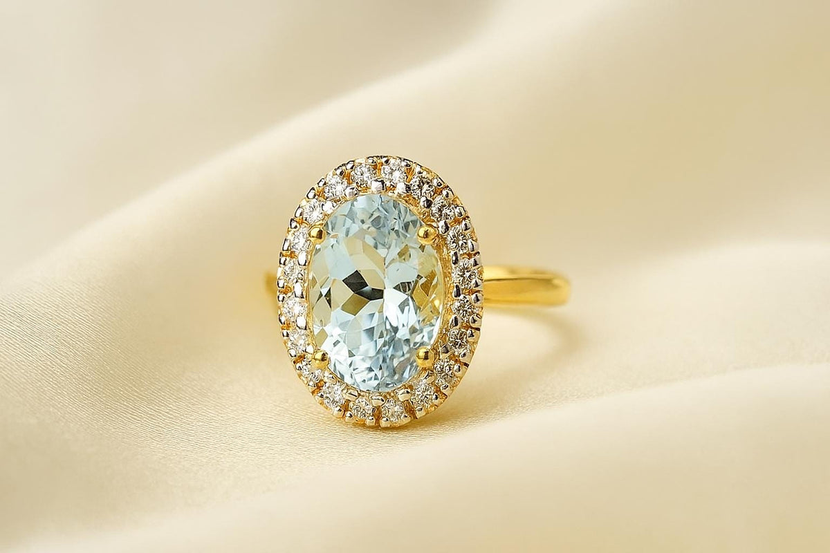 Natural Aquamarine Oval Ring, Halo Engagement Ring in 14K Gold, Fine Diamond Ring
