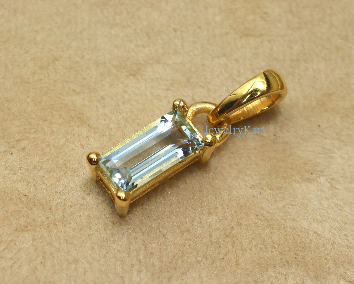 Aquamarine Baguette Pendant | 14K Gold Finish Long Bar Necklace | Dainty Slim Pendant | Small Layered Necklace | Sleek Gemstone Jewelry
