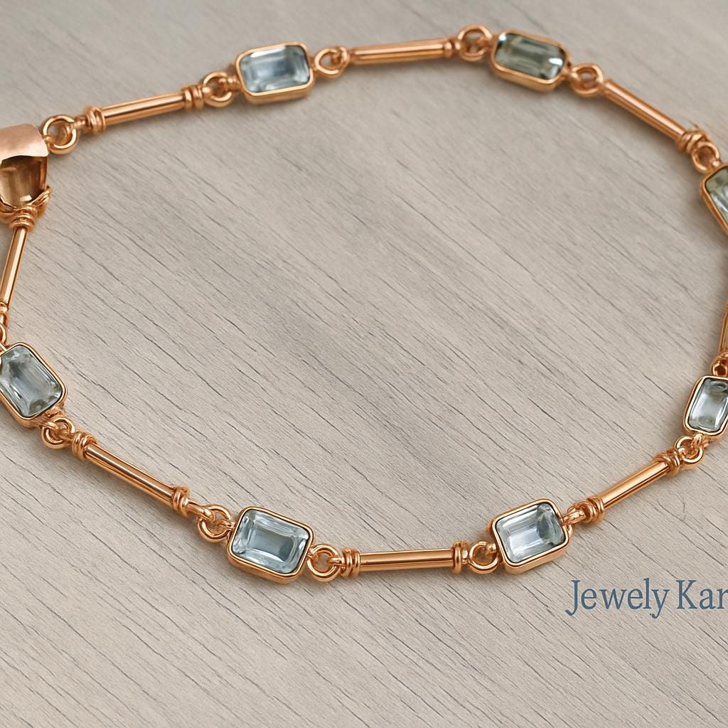 Aquamarine Tennis Bracelet 14k Gold, Emerald Cut Aquamarine Bracelet, Dainty Minimalist Bracelet, Solid Rose Gold Station Bracelet
