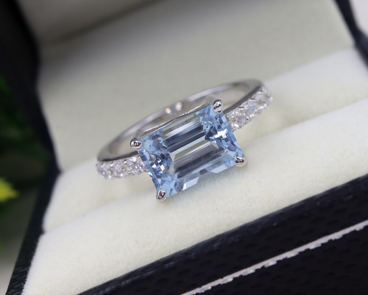 Aquamarine East West Emerald Cut Ring | Natural Aquamarine Horizontal Engagement Ring