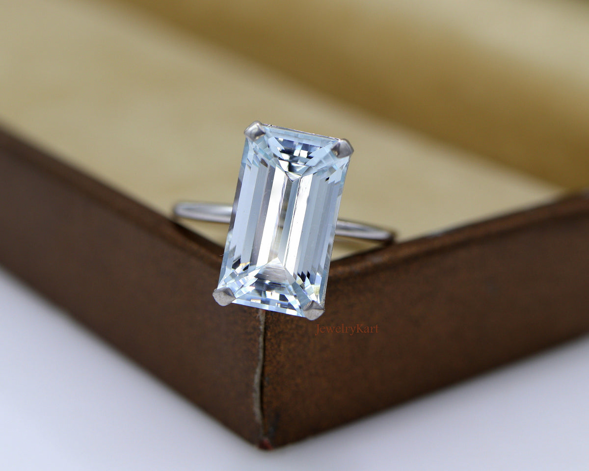 Natural Aquamarine Emerald Cut Ring | 11x7 mm Solitaire | 925 Silver Rectangle Ring | March Birthstone | Big Baguette Engagement Ring