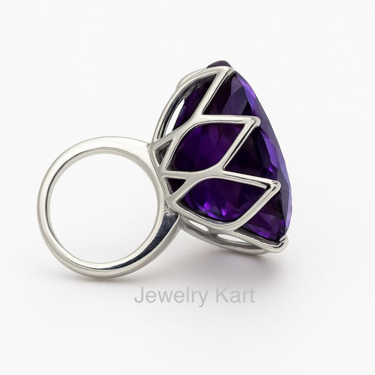 Natural Amethyst Statement Ring in 925 Silver | Large Heart Amethyst Ring | February Birthstone Jewelry | Cocktail Ring