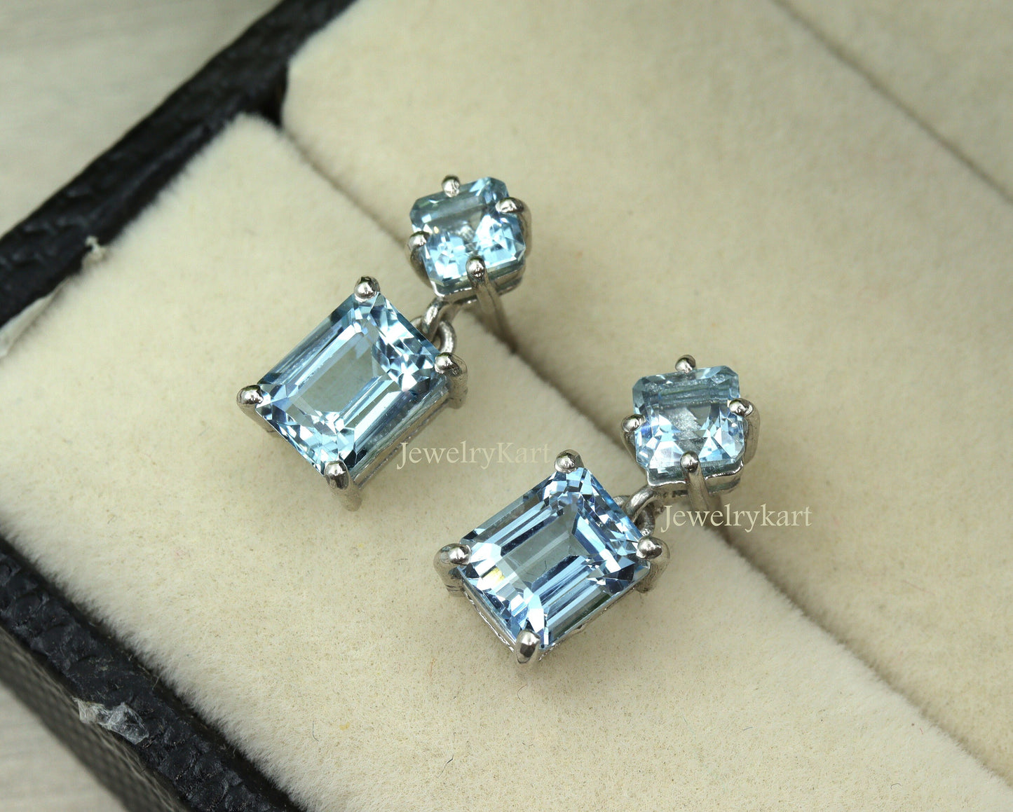 Aquamarine Earrings - Emerald Cut & Asscher Cut Drop Earrings | 14K Gold Dainty Dangle Earrings | March Birthstone Gift For Her | Light Everyday Jewelry