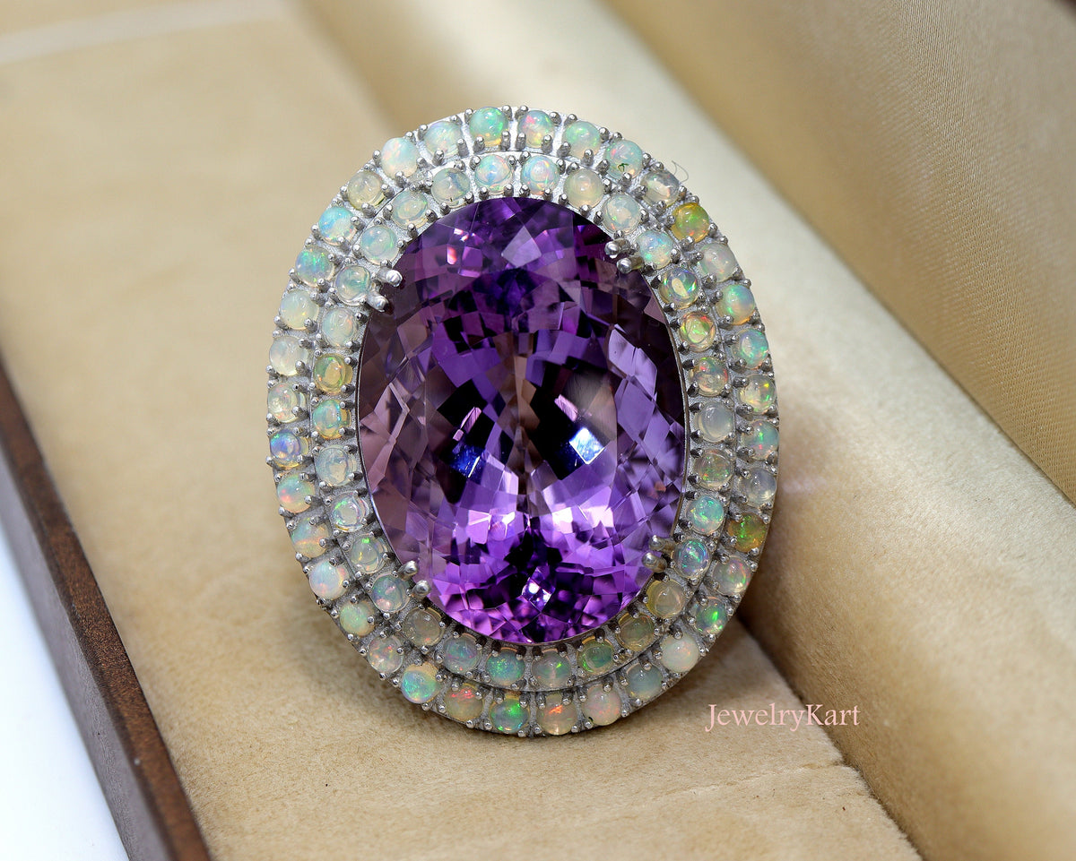 Natural Amethyst & Ethiopian Fire Opal Double Halo Cocktail Ring in Sterling Silver
