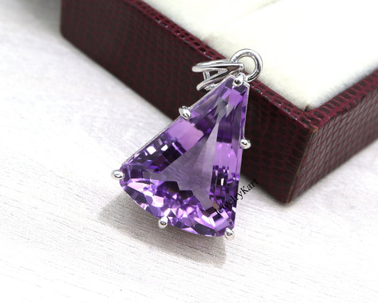 Large Amethyst Pendant in 925 Silver, Trillion Cut February Birthstone Necklace, Natural Gemstone Statement Jewelry for Women