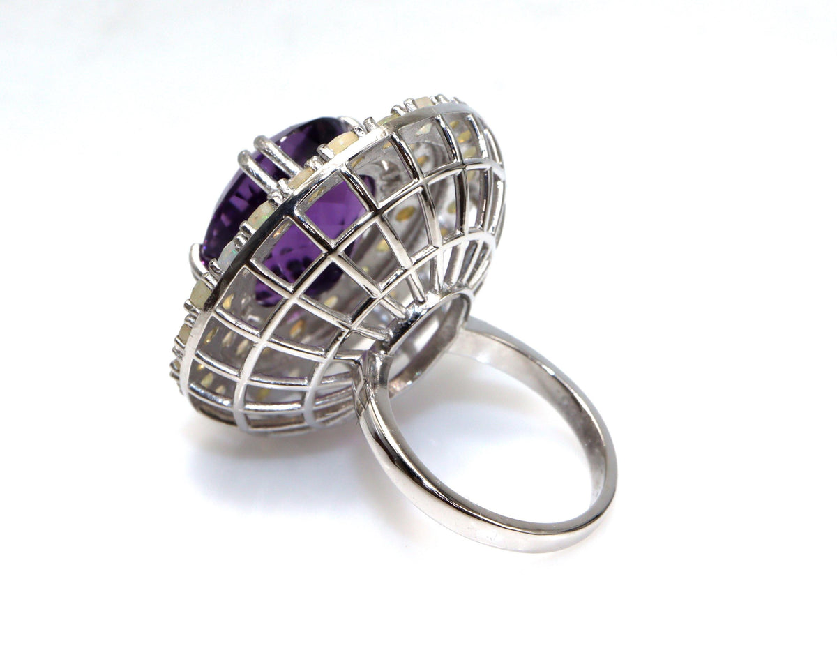 Natural Amethyst & Ethiopian Fire Opal Double Halo Cocktail Ring in Sterling Silver