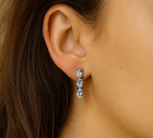 Aquamarine Long Earrings – Oval Gemstone Earrings - Sleek Bar Earrings in 14K or Silver