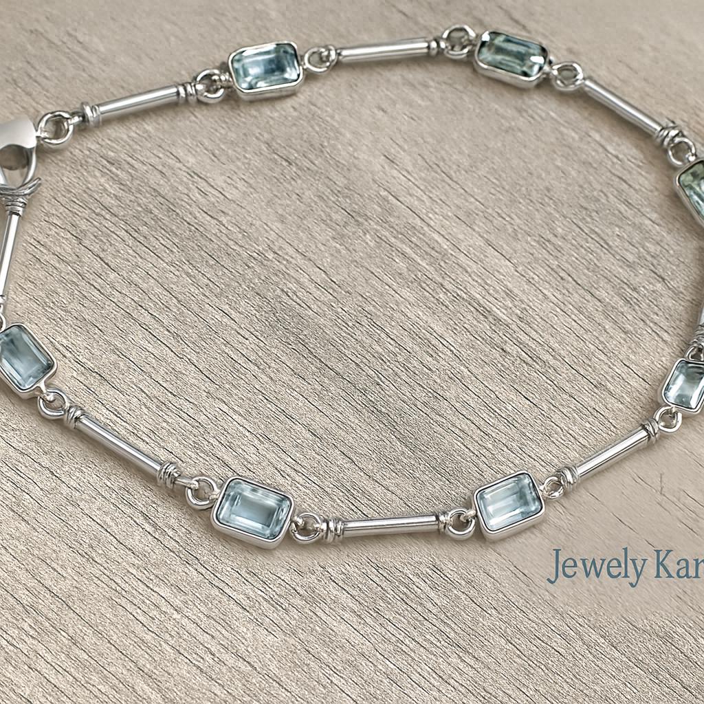 Aquamarine Tennis Bracelet 14k Gold, Emerald Cut Aquamarine Bracelet, Dainty Minimalist Bracelet, Solid Rose Gold Station Bracelet