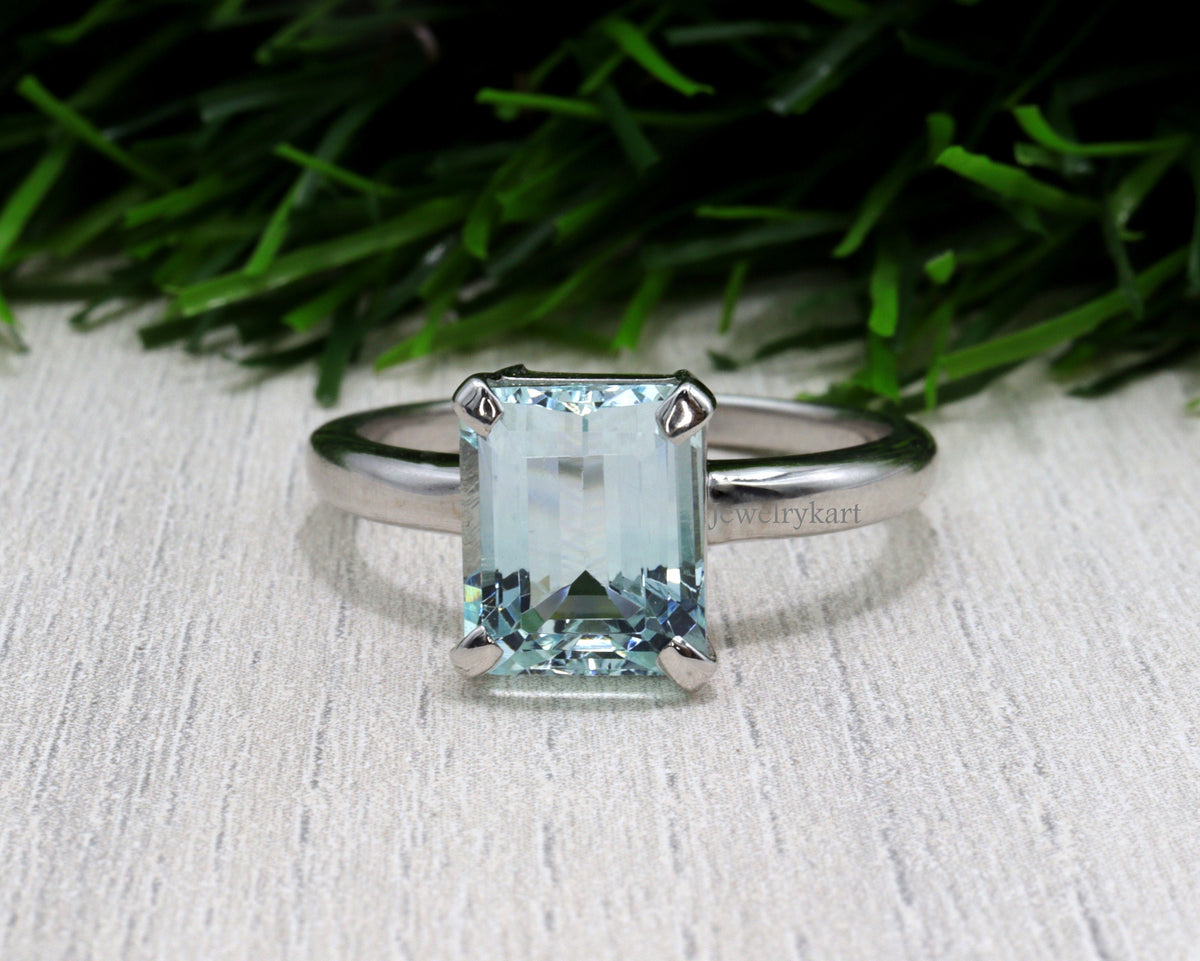Emerald Cut Natural Aquamarine Solitaire Ring | 14K Gold or Sterling Silver | 8×6 mm March Birthstone Ring