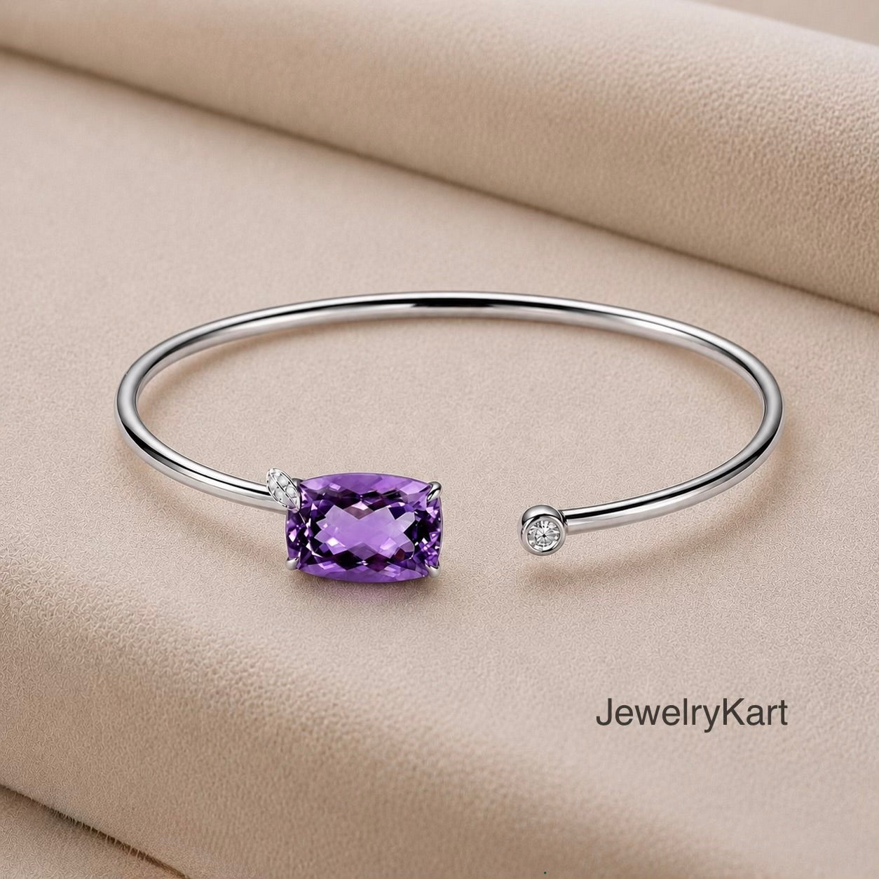 Natural Amethyst Bracelet 925 Silver | Cushion Cut Purple Gemstone Cuff | Adjustable Open Bangle | February Birthstone Jewelry