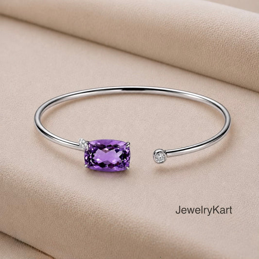 Natural Amethyst Bracelet 925 Silver | Cushion Cut Purple Gemstone Cuff | Adjustable Open Bangle | February Birthstone Jewelry