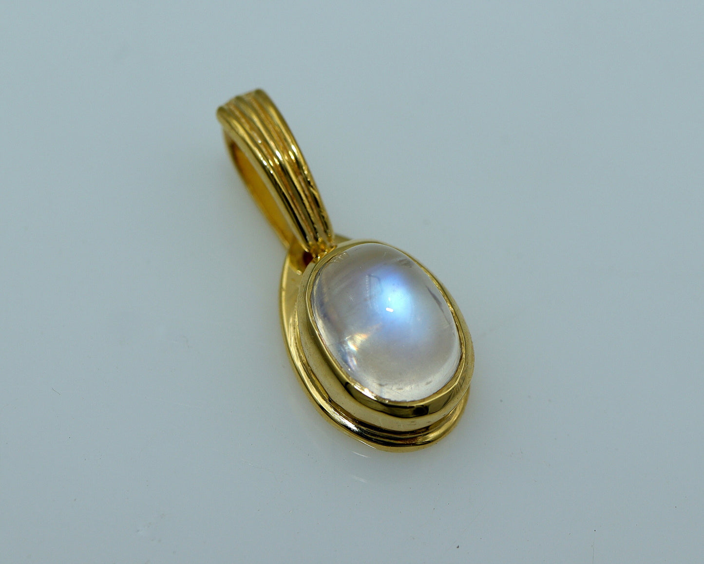 Rainbow Moonstone Pendant – 9x7 mm Oval Blue Flash Gemstone Ring, Yellow Gold Finish 925 Silver – Bezel Set - Moonstone Cabochon Ring
