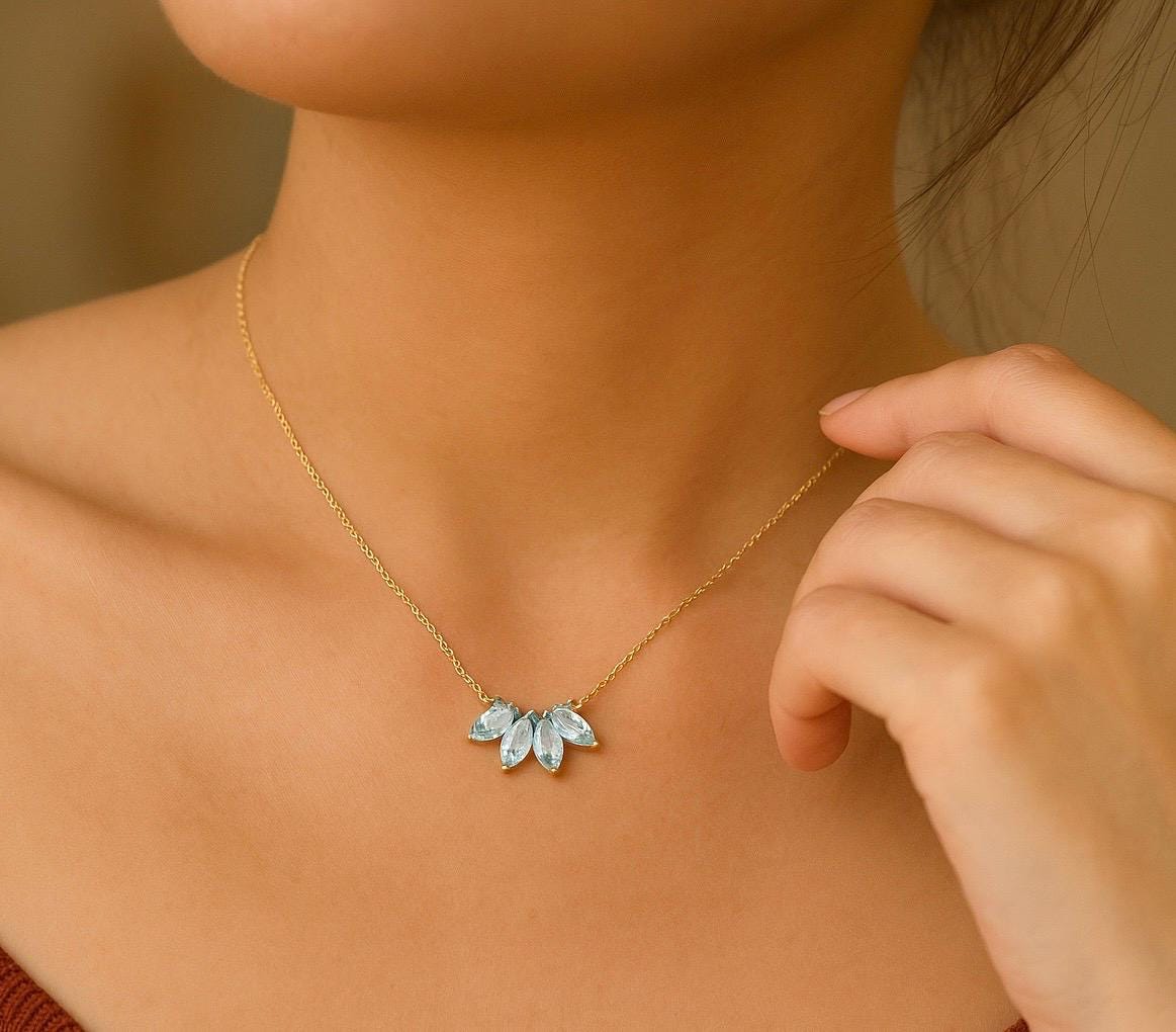 Aquamarine Marquise Cut Necklace, Flower Pendant, Jewelry Gift for Her, Everyday Wear Necklace, Bridesmaid Jewelry Gift