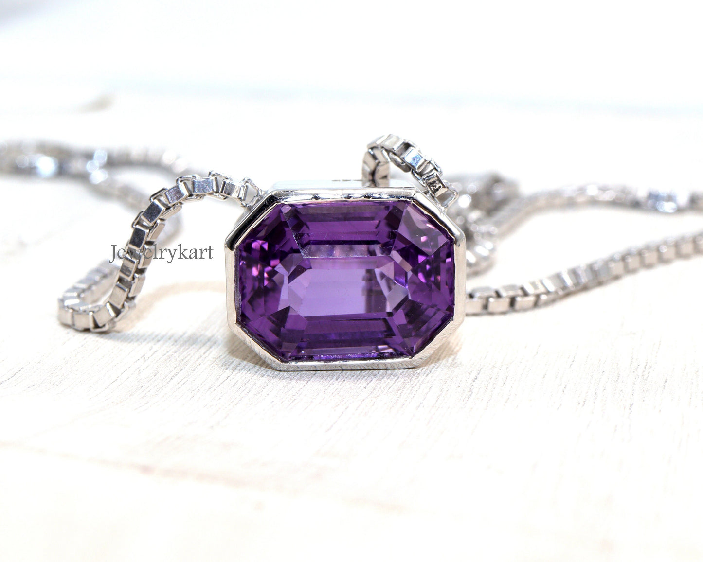 Horizontal Amethyst Pendant Necklace, Bezel Set Emerald Cut Gemstone in 925 Silver, February Birthstone, Statement Neck piece,