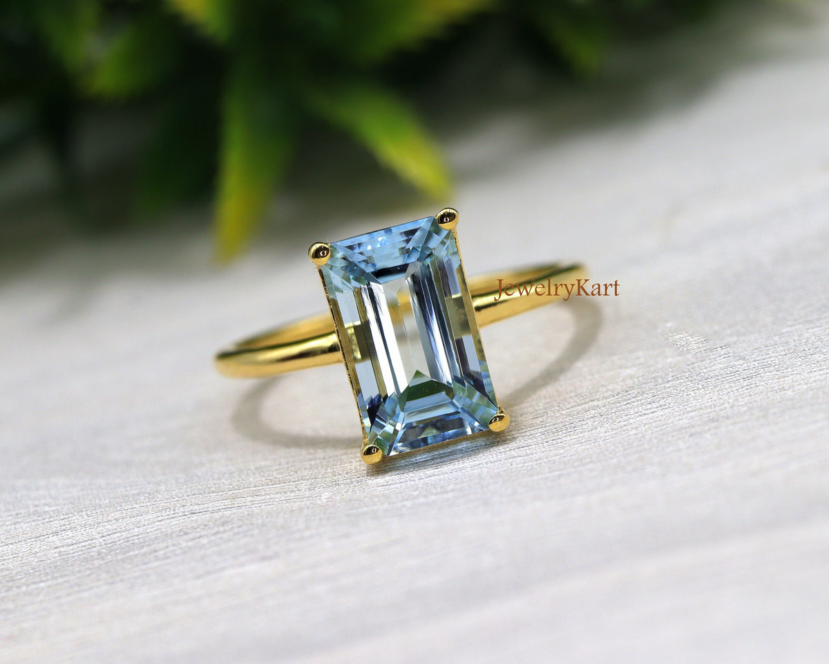 Emerald Cut Aquamarine Ring, 14K Gold Solitaire Ring, Engagement Ring, Anniversary Ring