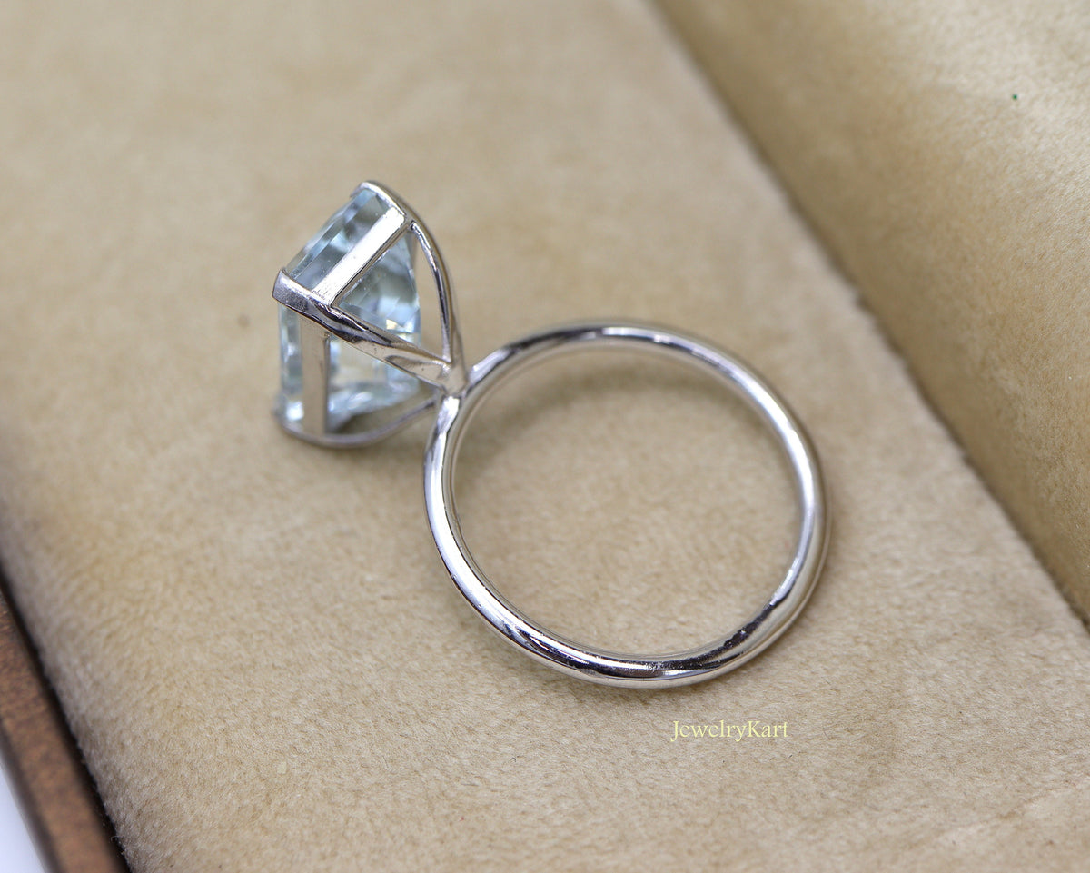 Natural Aquamarine Emerald Cut Ring | 11x7 mm Solitaire | 925 Silver Rectangle Ring | March Birthstone | Big Baguette Engagement Ring
