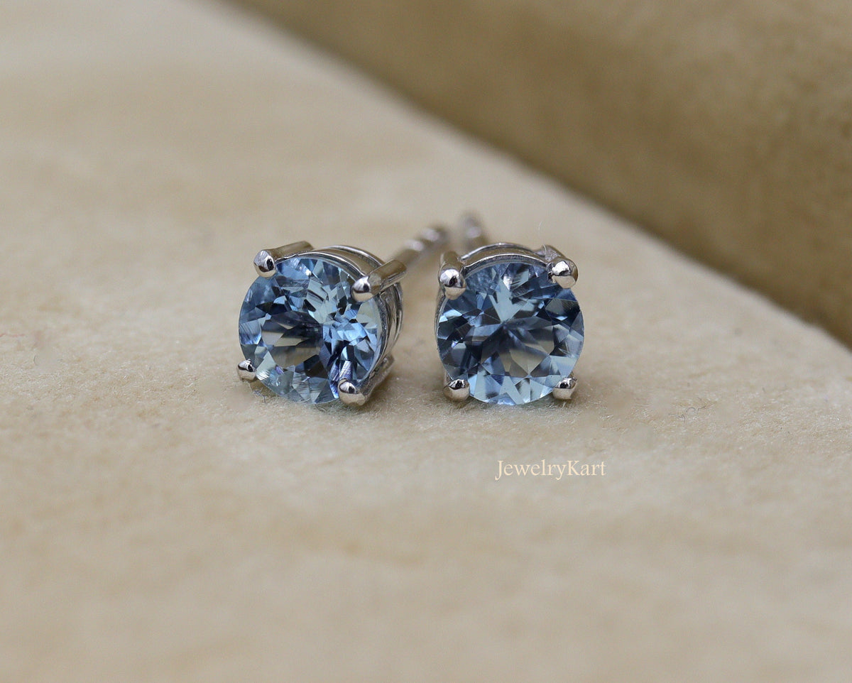 Natural Aquamarine Stud Earrings | 5 mm Round Blue Gemstone | Basket Set Studs in 14K Gold or Silver