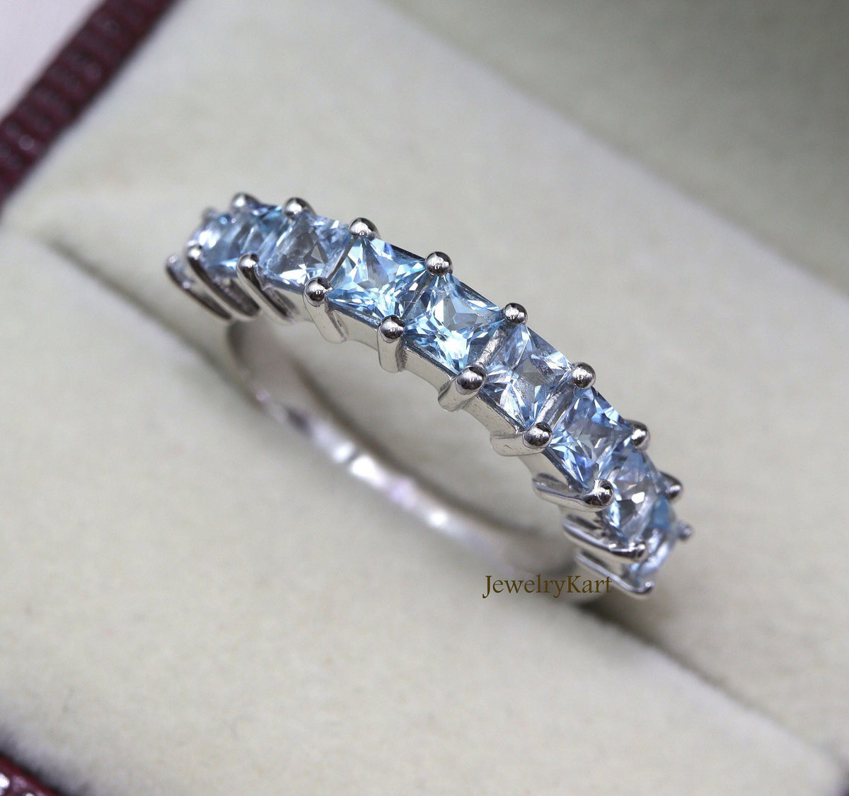 Princess Cut Aquamarine Eternity Band • 4mm Half Eternity Ring • Stackable March Birthstone Ring • Square Cut Aquamarine Band