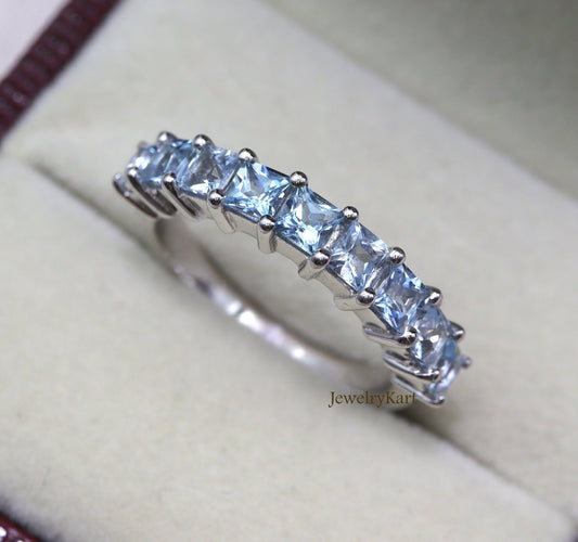 Princess Cut Aquamarine Eternity Band • 4mm Half Eternity Ring • Stackable March Birthstone Ring • Square Cut Aquamarine Band