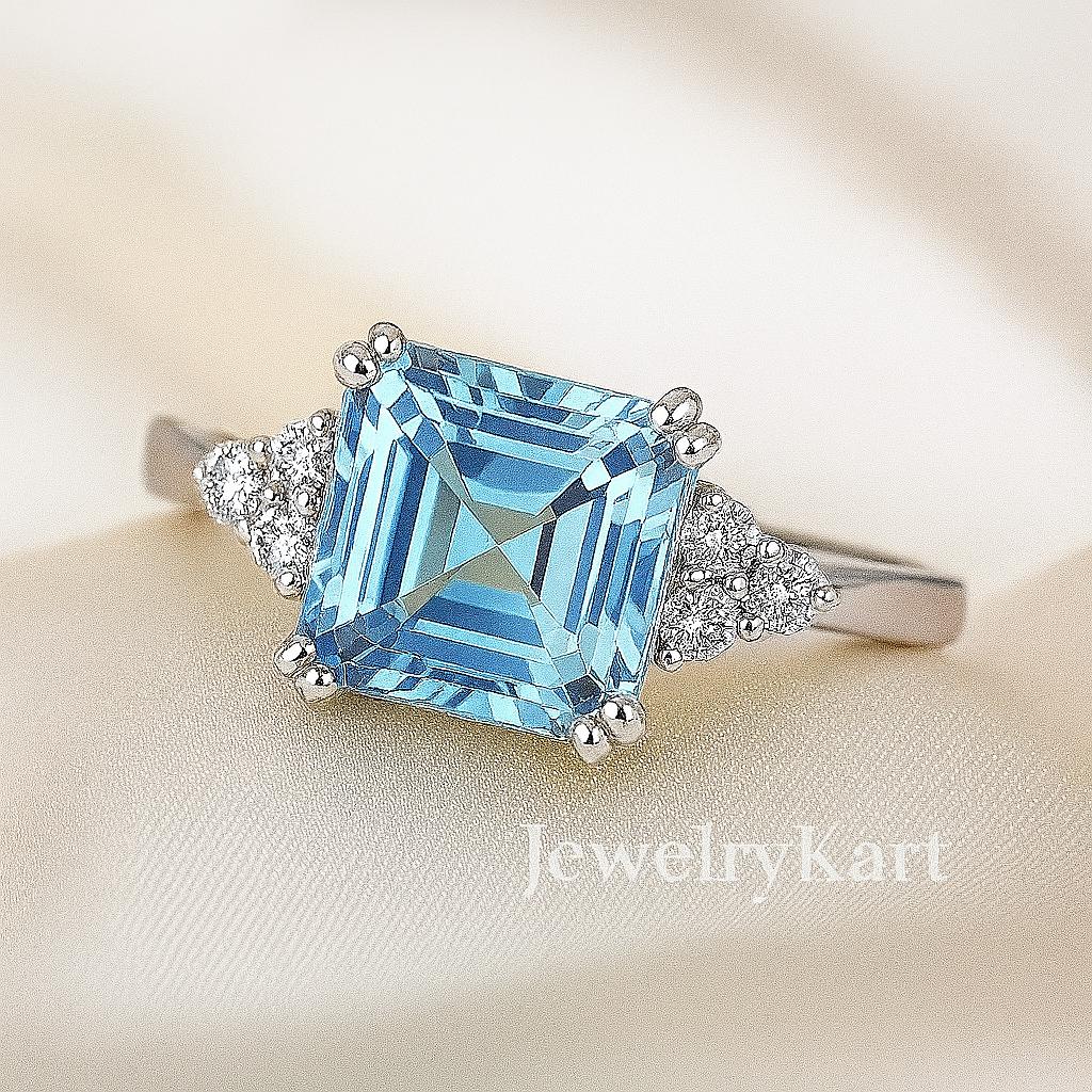 Natural Aquamarine Asscher Cut Ring 7 mm |  |  Aquamarine Engagement or Promise Ring | Square Aquamarine Diamond Ring