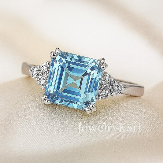 Natural Aquamarine Asscher Cut Ring 7 mm |  |  Aquamarine Engagement or Promise Ring | Square Aquamarine Diamond Ring
