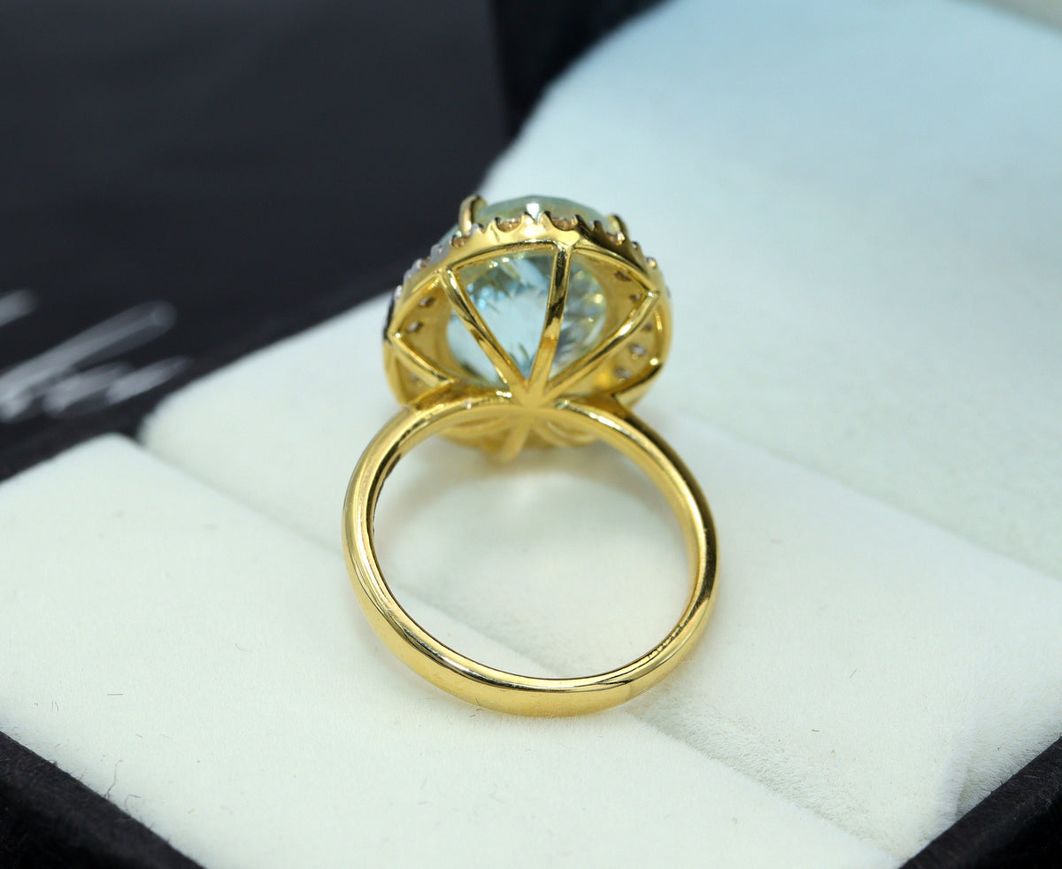Natural Aquamarine Oval Ring, Halo Engagement Ring in 14K Gold, Fine Diamond Ring