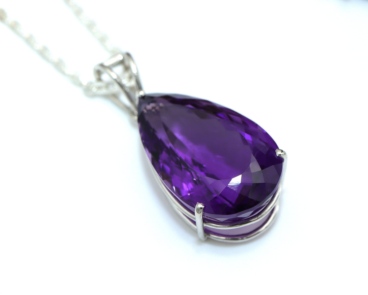 Natural Amethyst Pear Cut Pendant, Big Statement Necklace in 925 Silver, February Birthstone Gift