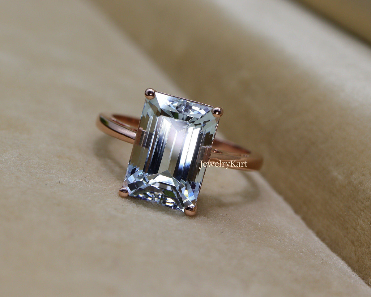 3 Ct Emerald Cut Aquamarine Ring | 14K Rose Gold Natural Solitaire | March Birthstone Engagement Ring