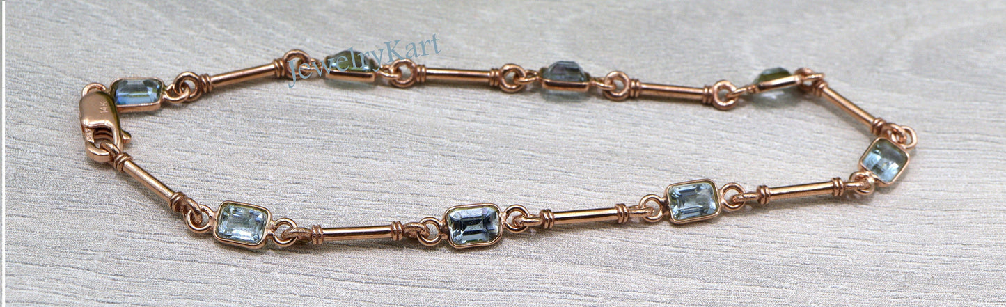 Aquamarine Tennis Bracelet 14k Gold, Emerald Cut Aquamarine Bracelet, Dainty Minimalist Bracelet, Solid Rose Gold Station Bracelet