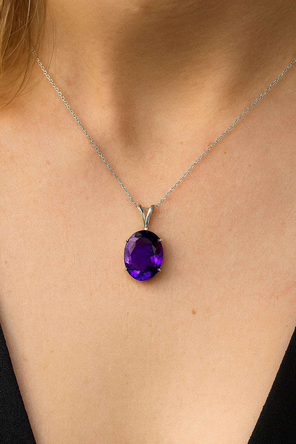 Natural Amethyst Oval Pendant | 15 Ct Purple Gem in 925 Silver | Large February Birthstone Necklace | Rhodium Plated | Gift for Her