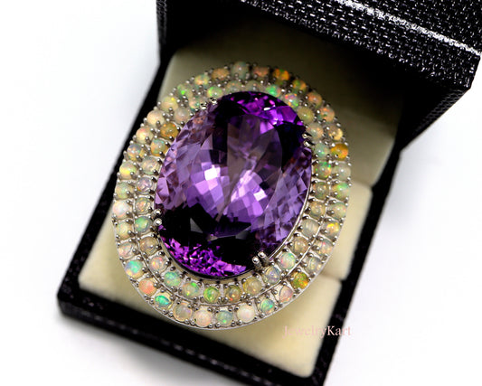 Natural Amethyst & Ethiopian Fire Opal Double Halo Cocktail Ring in Sterling Silver