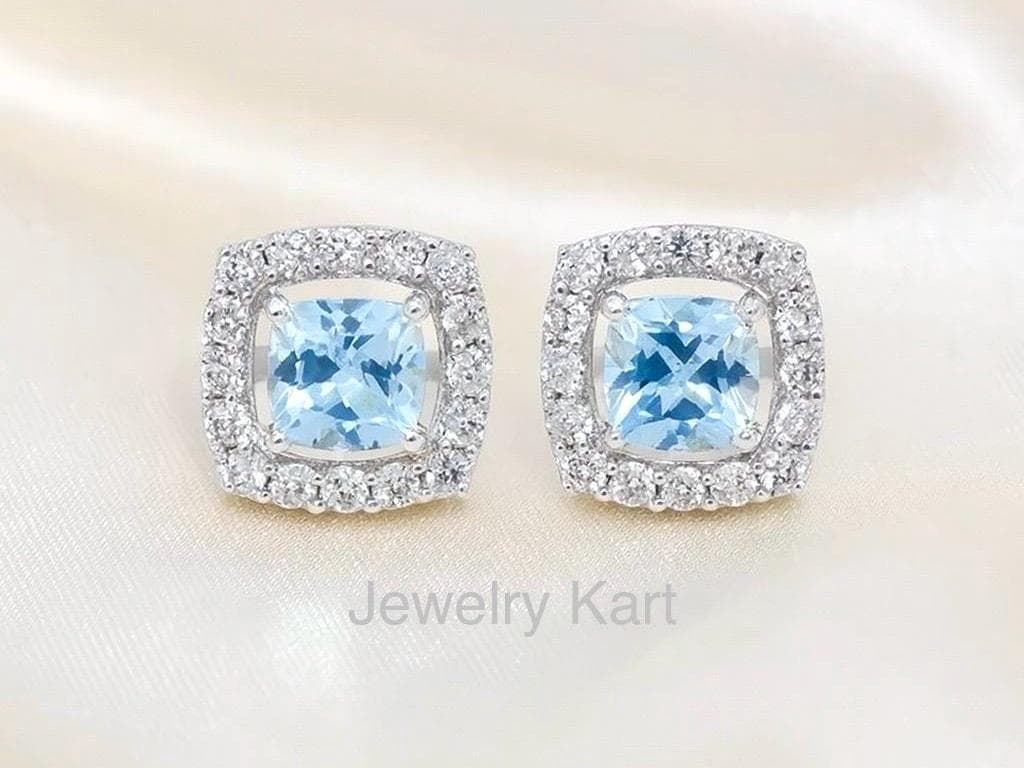 Aquamarine Halo Earrings | 6 mm Cushion Cut Studs in 14k White Gold, Square Aquamarine Earrings