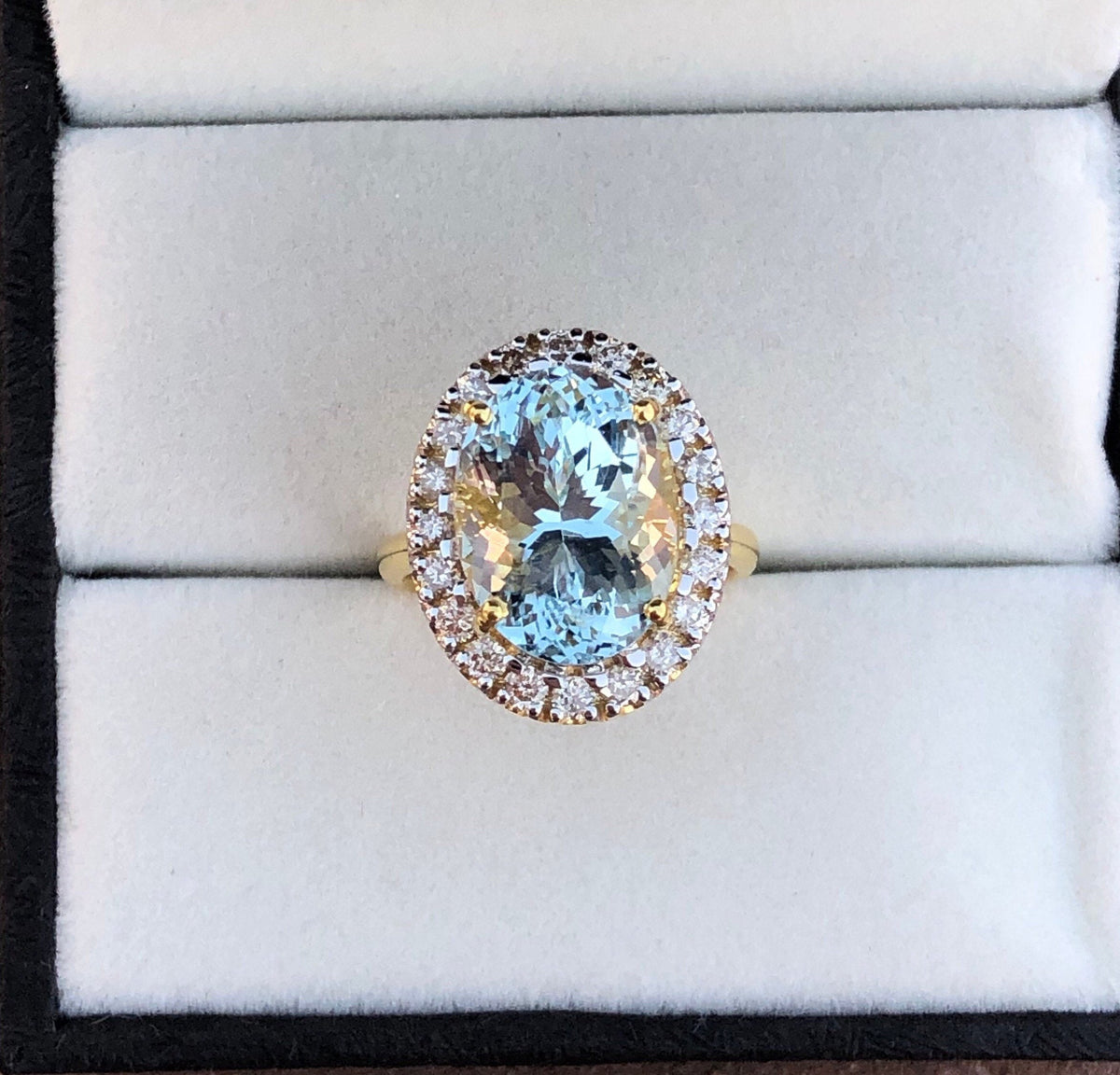 Natural Aquamarine Oval Ring, Halo Engagement Ring in 14K Gold, Fine Diamond Ring