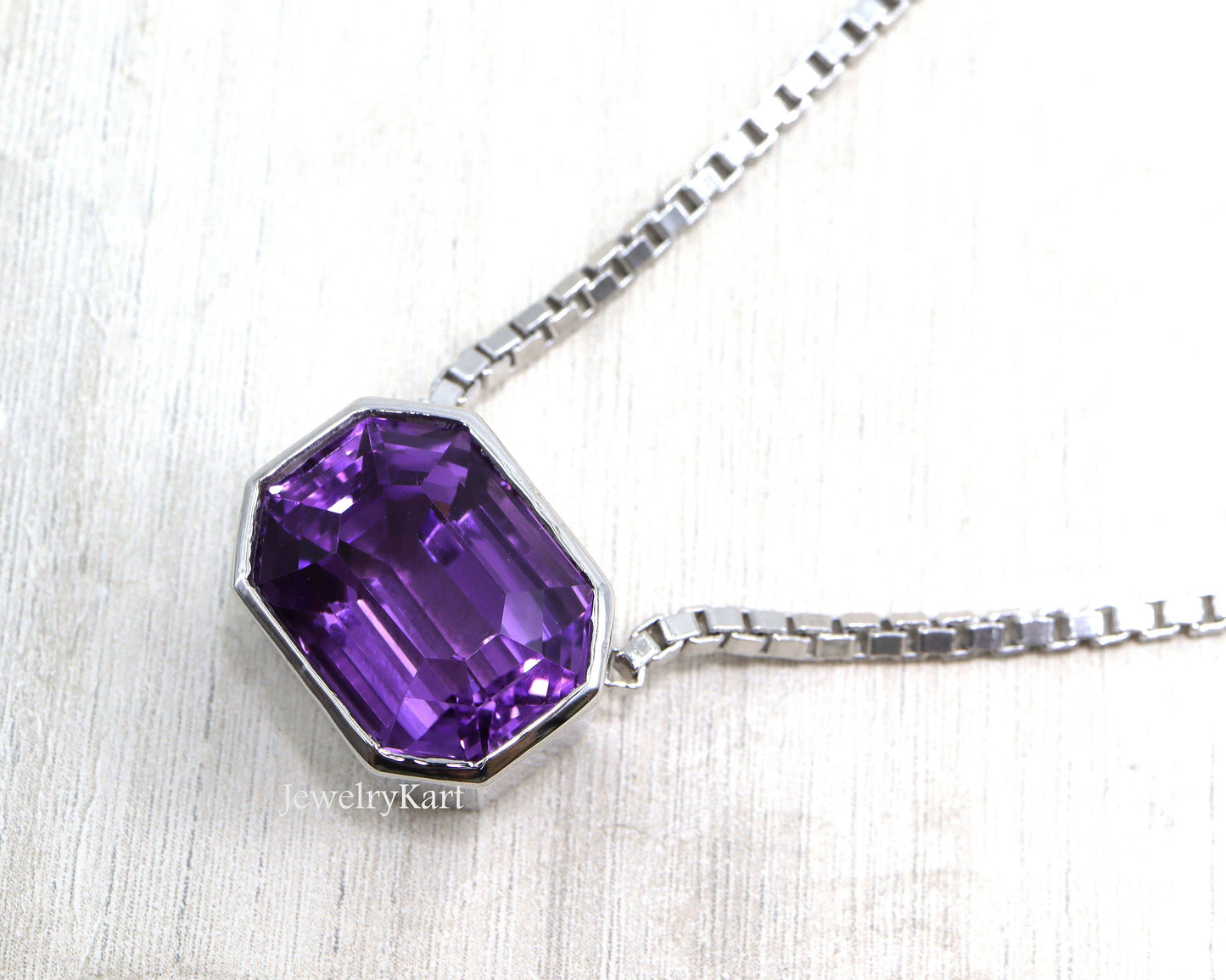 Horizontal Amethyst Pendant Necklace, Bezel Set Emerald Cut Gemstone in 925 Silver, February Birthstone, Statement Neck piece,