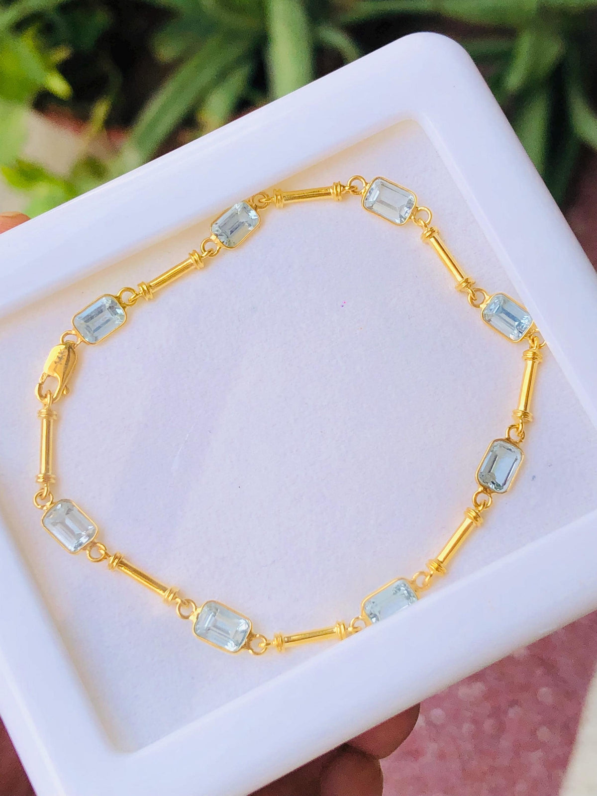 14K Gold Aquamarine Bracelet, Emerald Cut Dainty Tennis Bracelet, Bezel Set Minimalist Blue Gem Link Bracelet, Natural Light Weight Jewelry