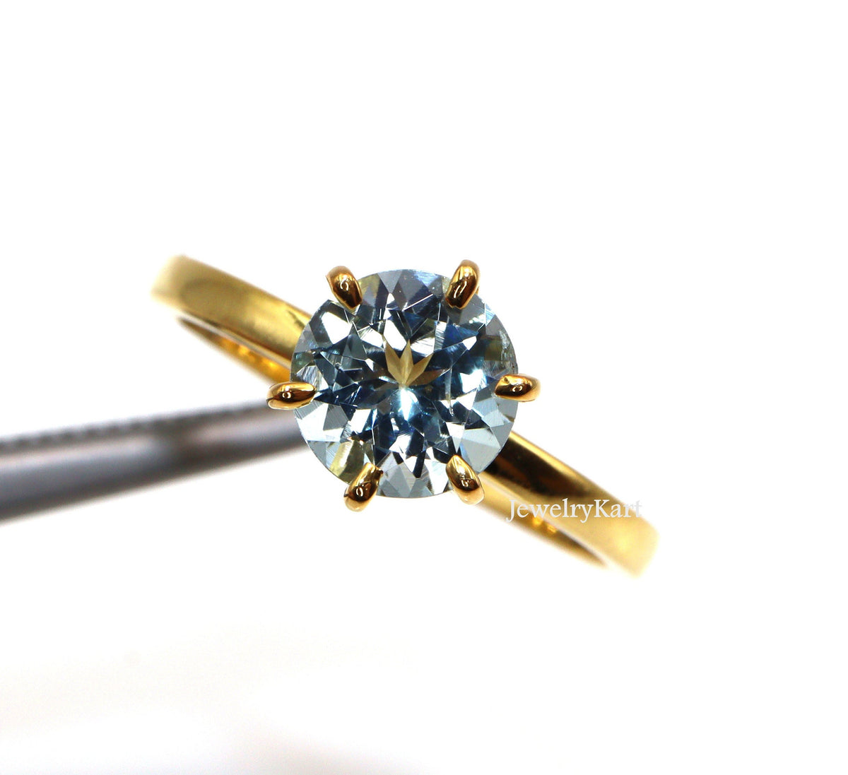 14k Gold Aquamarine Engagement Ring, Round Shape March Birthstone Ring
