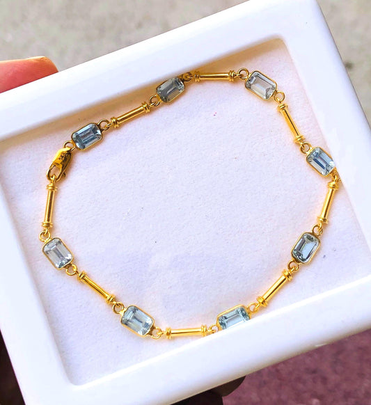 14K Gold Aquamarine Bracelet, Emerald Cut Dainty Tennis Bracelet, Bezel Set Minimalist Blue Gem Link Bracelet, Natural Light Weight Jewelry