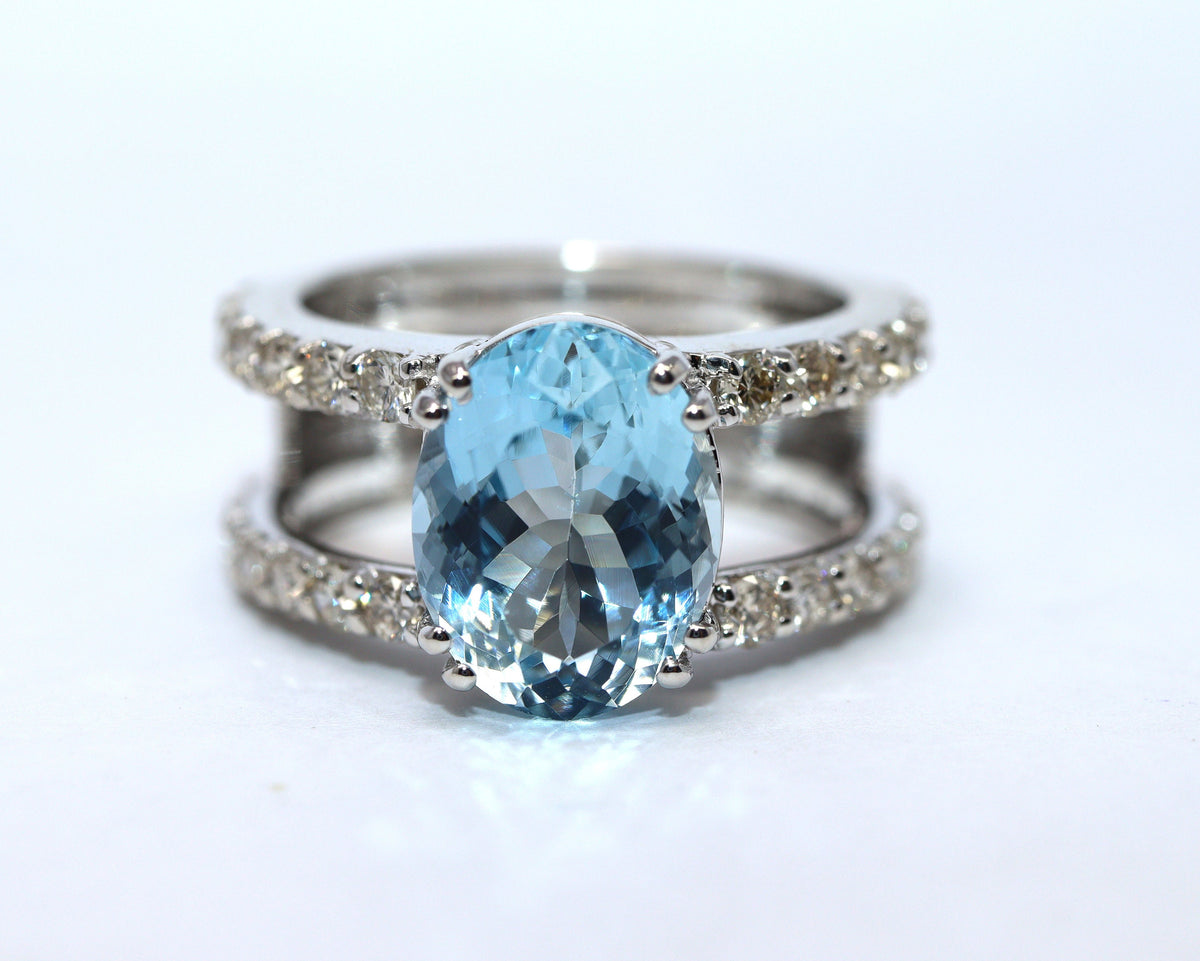 3 Ct Aquamarine & Diamond Engagement Ring – 14K White Gold Double Band Ring, Celebrity Inspired- Oval Ring