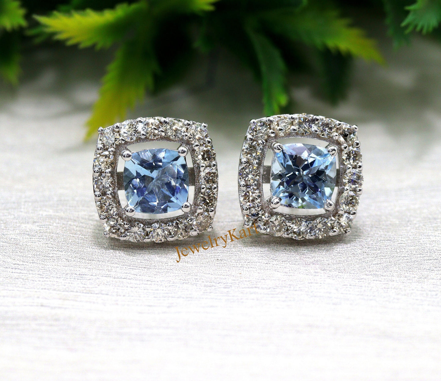 Aquamarine Halo Earrings | 6 mm Cushion Cut Studs in 14k White Gold, Square Aquamarine Earrings