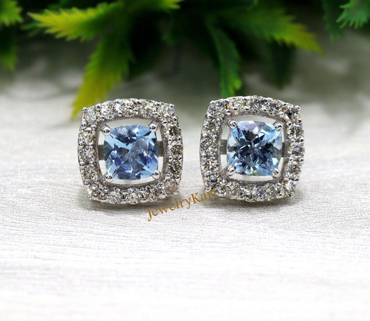 Aquamarine Halo Earrings | 6 mm Cushion Cut Studs in 14k White Gold, Square Aquamarine Earrings