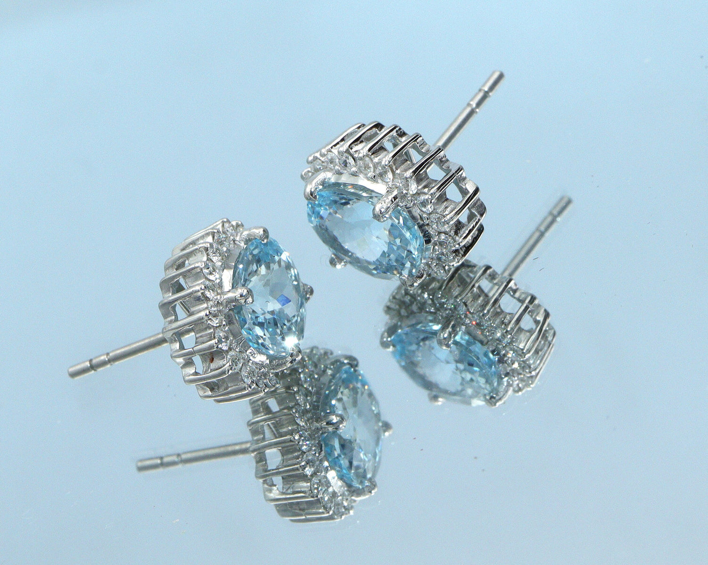 Aquamarine Earrings, Aquamarine Diamond Halo Stud Earrings - 14K White Gold Aquamarine Earrings, Oval Cut Earrings,