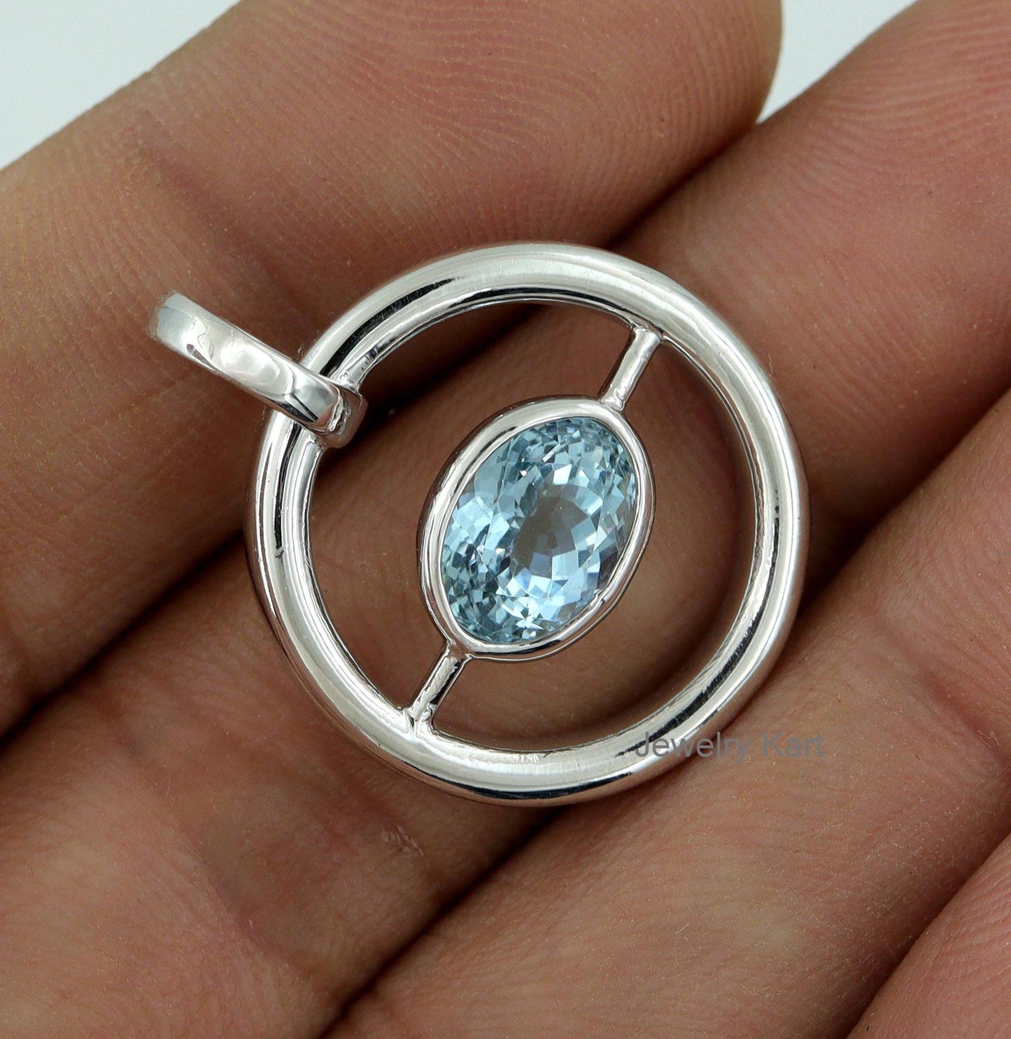 Aquamarine Silver Pendant Necklace – 3 Ct Oval Bezel Set Gem – Handmade Layered Jewelry – March Birthstone Gift – Unisex Silver Pendant