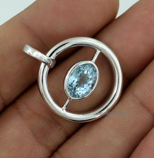 Aquamarine Silver Pendant Necklace – 3 Ct Oval Bezel Set Gem – Handmade Layered Jewelry – March Birthstone Gift – Unisex Silver Pendant