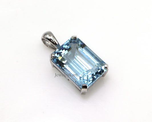 3 Ct Natural Aquamarine Pendant - Emerald Cut Aquamarine Necklace 14k White Gold