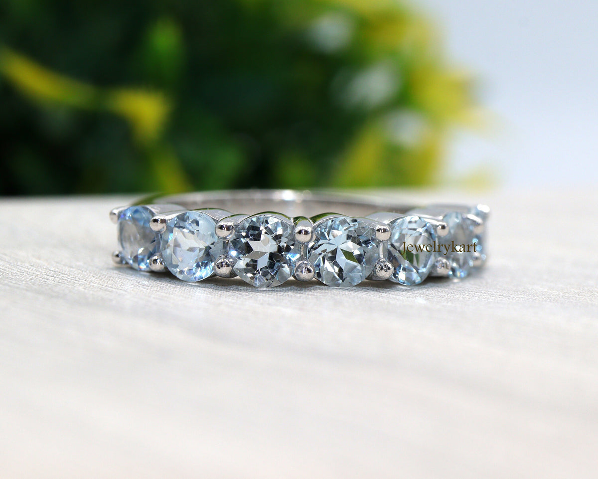Natural Aquamarine Half Eternity Ring | 4 mm Round Aquamarine Band | 14K Gold or 925 Silver | March Birthstone Stacking Ring | Gift for Her