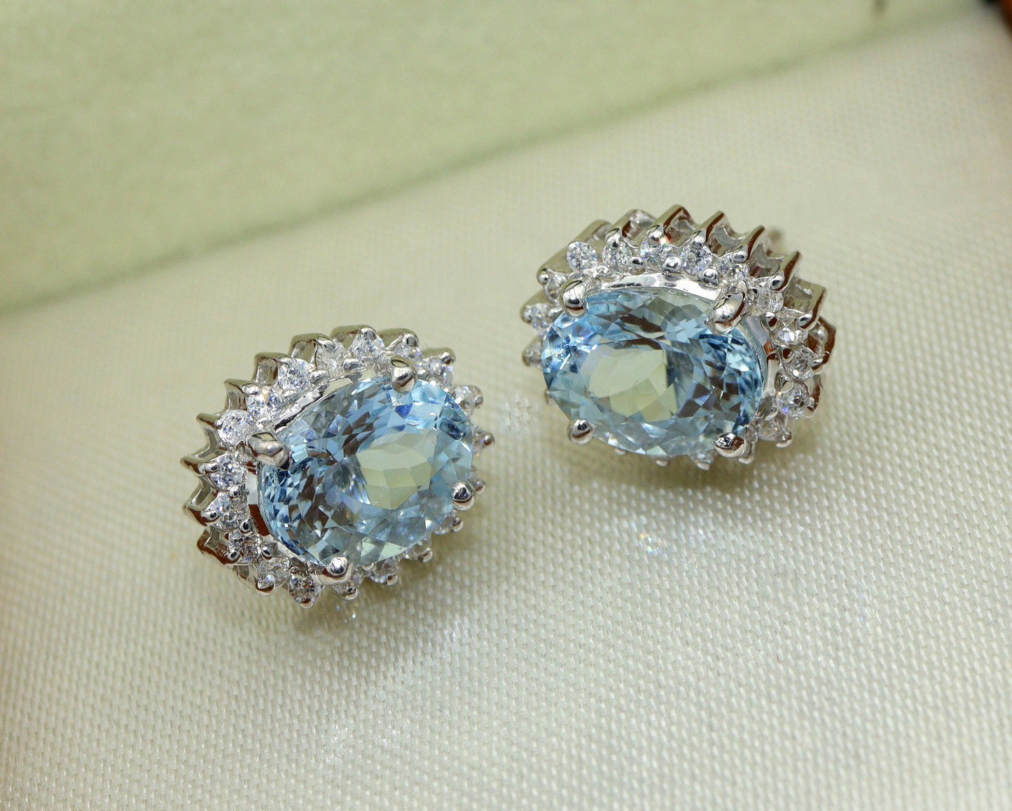 Aquamarine Earrings, Aquamarine Diamond Halo Stud Earrings - 14K White Gold Aquamarine Earrings, Oval Cut Earrings,
