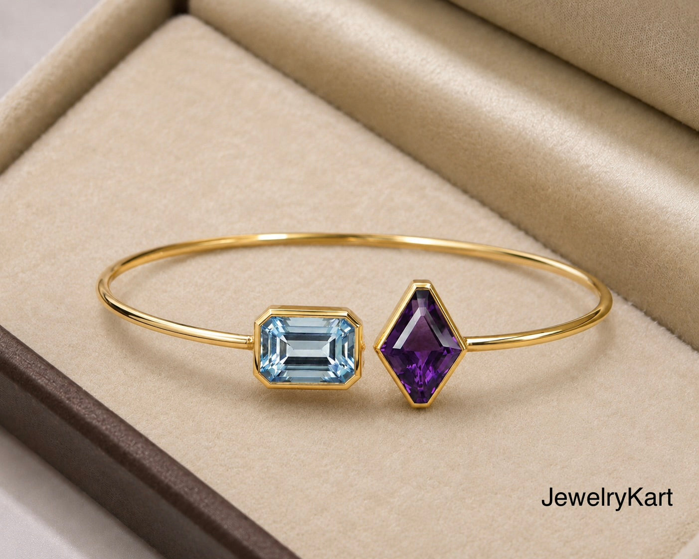 Natural Aquamarine & Amethyst Bangle Bracelet | 925 Sterling Silver Yellow Gold Finish | Emerald Cut Aquamarine | Statement Gemstone
